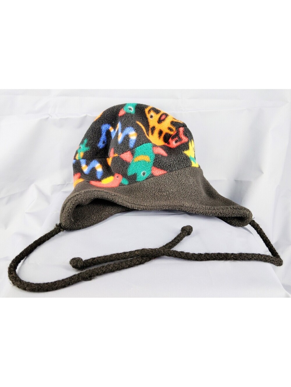 Vintage MERKLEY Fleece Earflap Hat Colorful Animal Print Trapper Cap USA